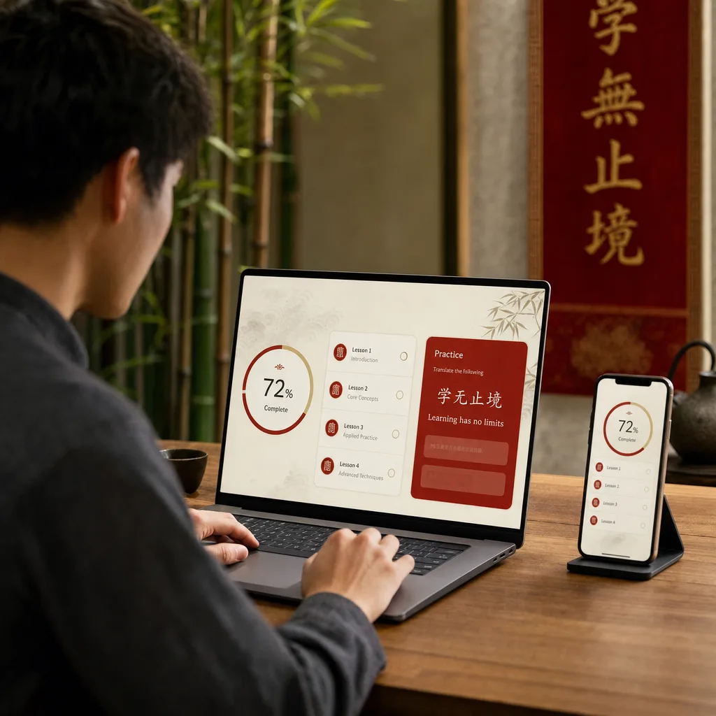 Inside the program: course dashboard with modules, lessons and reference guides